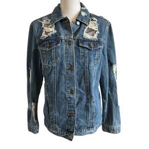 Boom Boom Jeans Denim Jacket Size Small Blue Mesh Insets Distressed Boho Gypsy